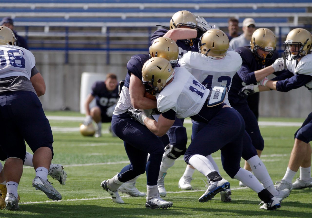 MSU linebacker Lukas McCarthy (11) fills the hole on running back Noah James (28)