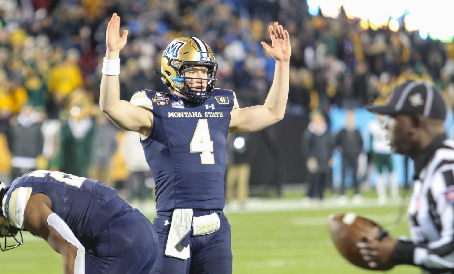 Tommy Mellott raises his arms in celebration against North Dakota State