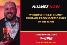 Nuanez Now winner of the E.B. Craney Montana Radio Sportscaster of the Year - Tune in Weekedays from 4-6pm on 102.9 ESPN Radio (graphic)