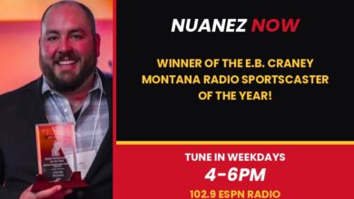 Nuanez Now winner of the E.B. Craney Montana Radio Sportscaster of the Year - Tune in Weekedays from 4-6pm on 102.9 ESPN Radio (graphic)