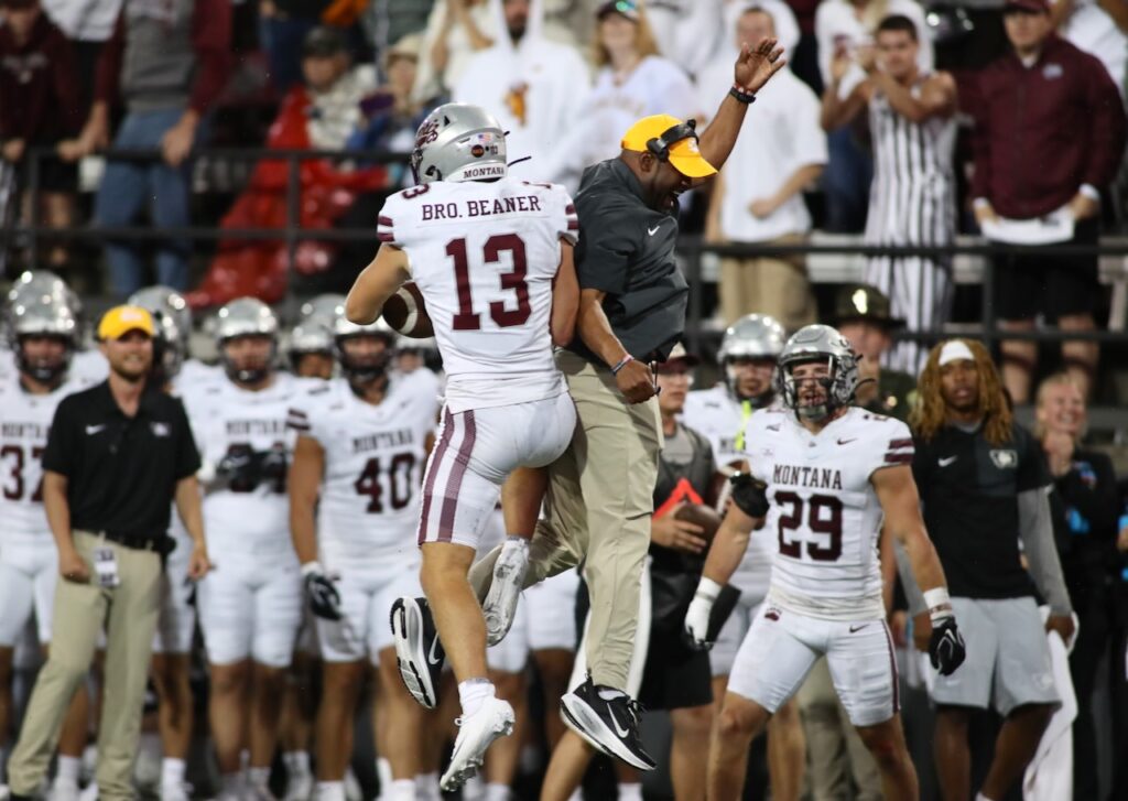 Montana defensive back Brock Beaner works with safeties coach Wes Nurse