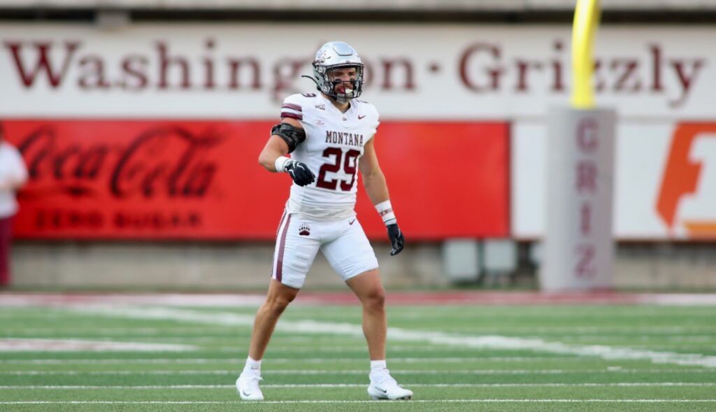 Montana safety Tanner Huff makes a call before the snap