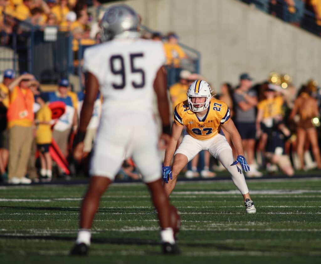 Brock Steel lines up on the Bobcats’ kickoff coverage unit