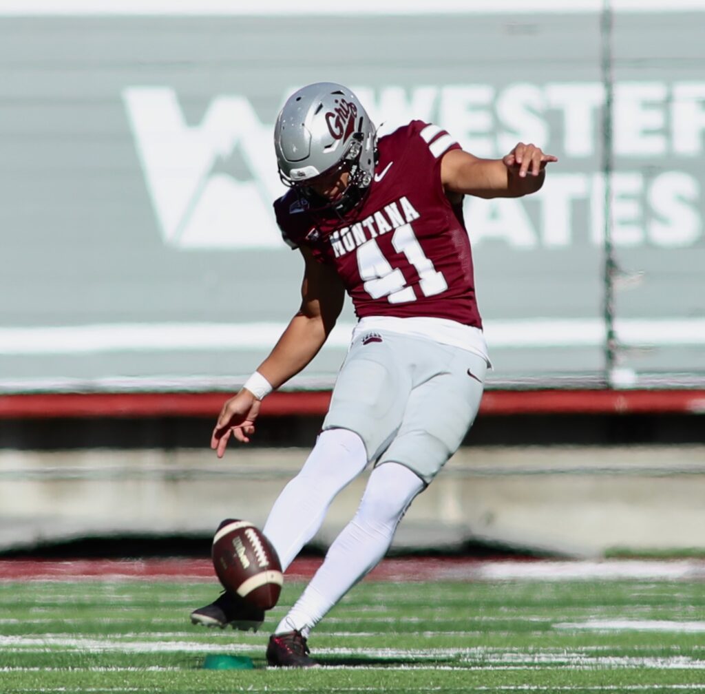 Griz kicker No. 41 boots a field goal