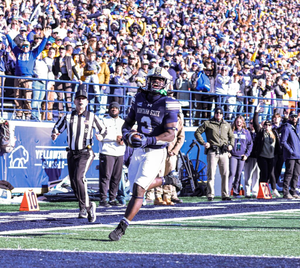 Jared White celebrates in front of the Bobcat Stadium crowd