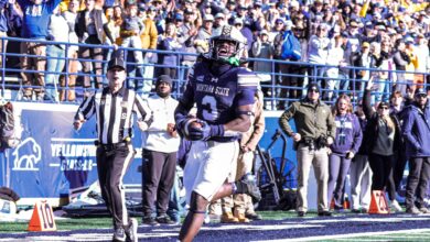 Jared White celebrates in front of the Bobcat Stadium crowd